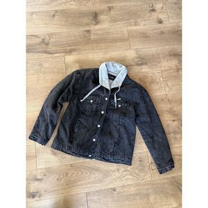 DETRE M Heavy Black Denim Jean Jacket Lined Collar Coat Drawstring layered